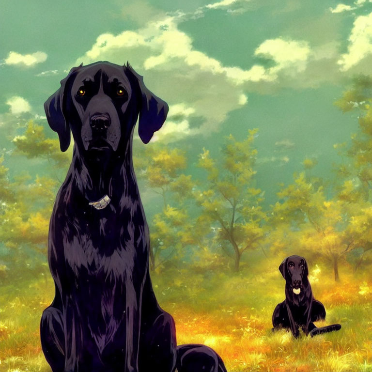 Two Black Dogs Sitting on Grass with Trees and Fluffy Clouds Sky