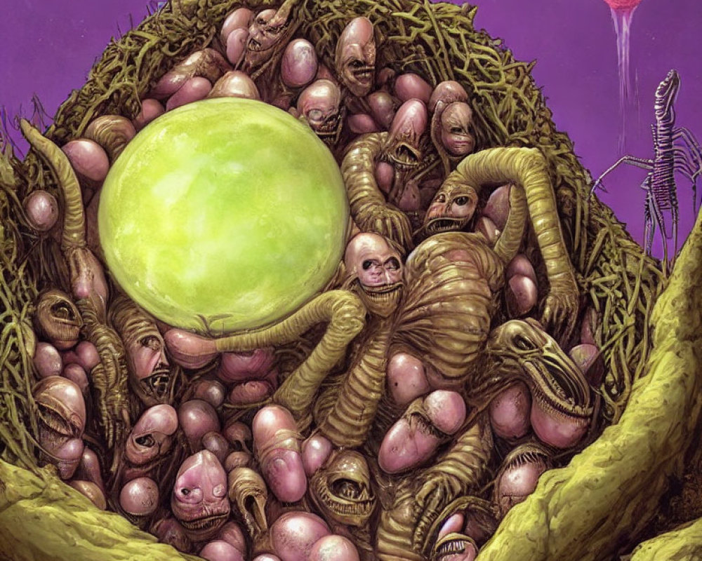 Surreal illustration: nest of eggs, humanoid creatures, elongated necks, purple environment,