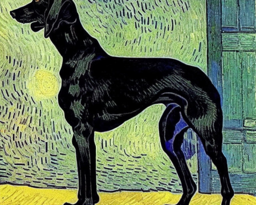 Black Dog Profile on Van Gogh-Inspired Swirl Background