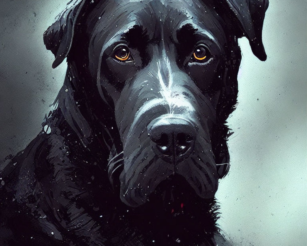 Detailed digital painting of a black dog with soulful eyes and glossy coat