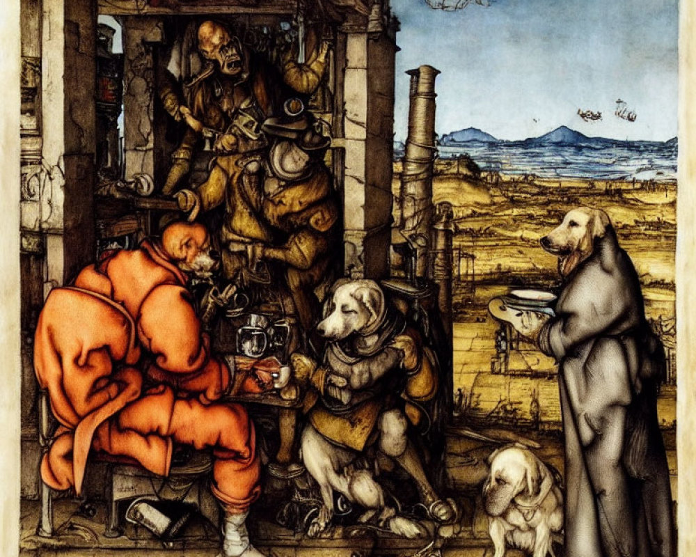 Medieval painting featuring monk, man, cook, jesters, dogs, and landscape.