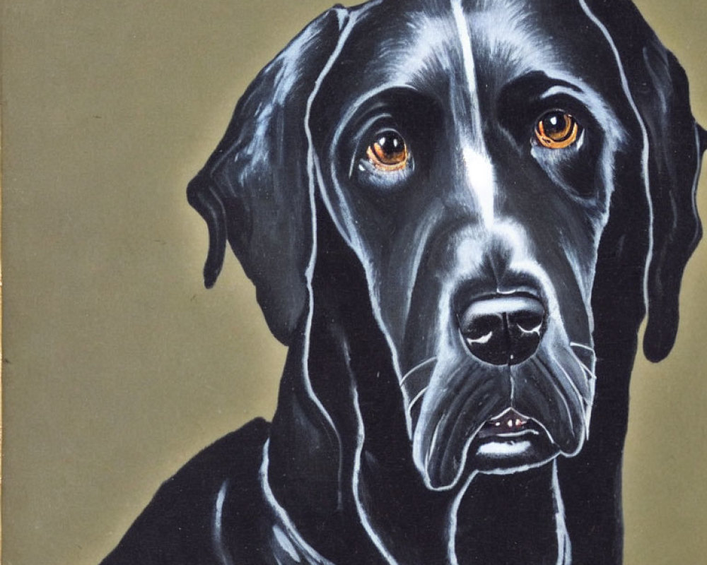 Black Dog Painting with Glossy Coat and Amber Eyes