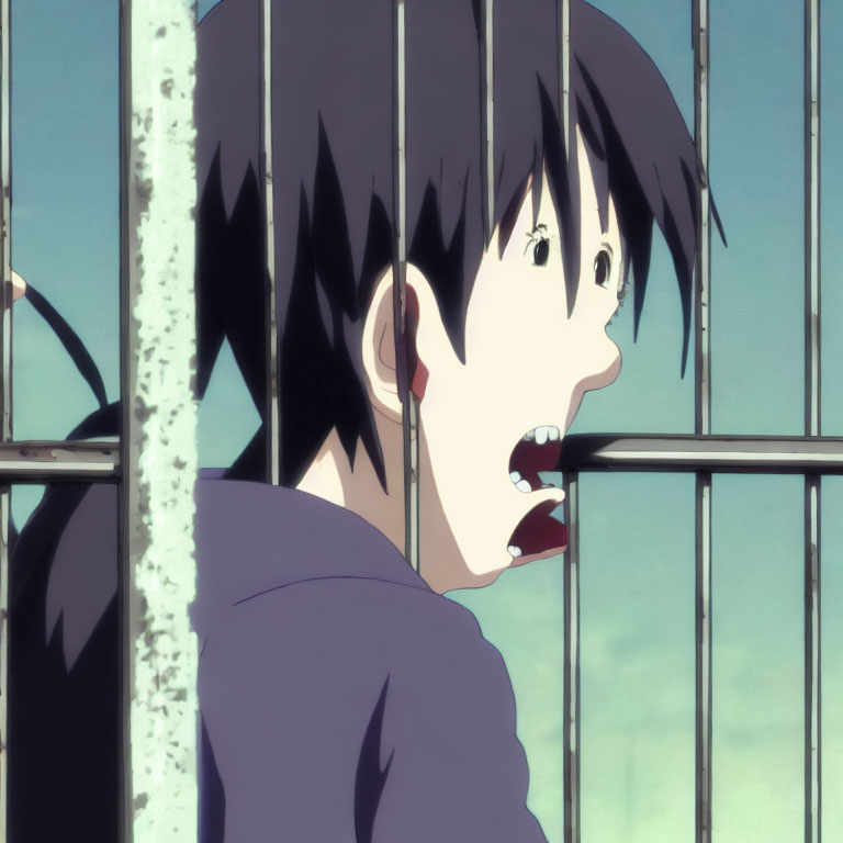 Anime character with short black hair in shock at barred window