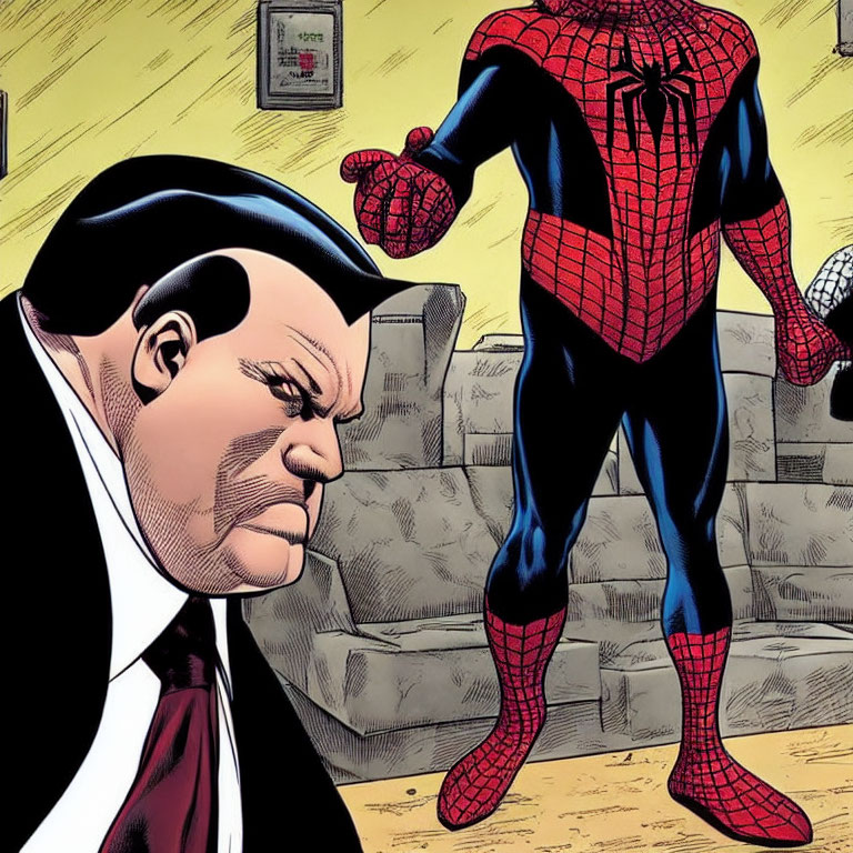 Color illustration of Spider-Man and man in suit in comic book style