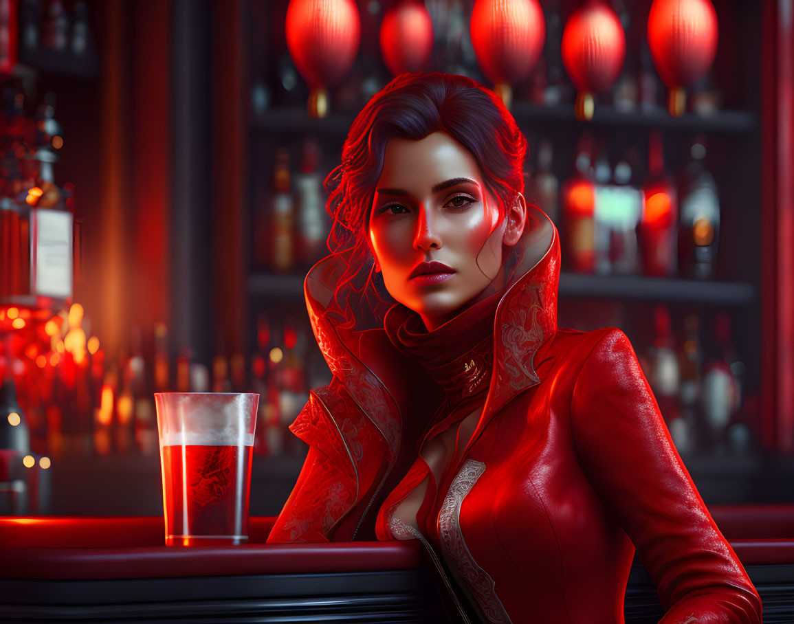 Digital Portrait of Woman in Red Jacket at Bar with Red Lanterns