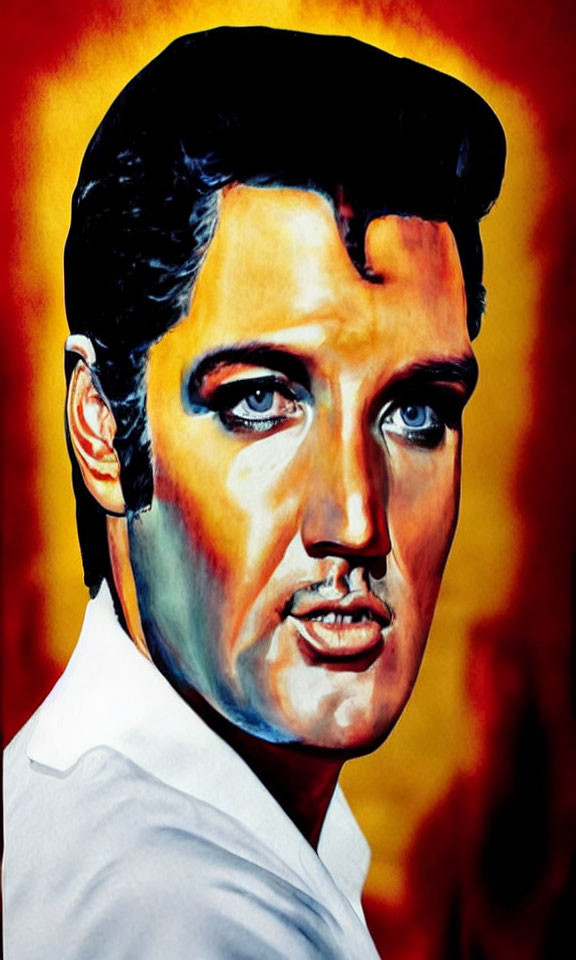 Vibrant painting of man with dark hair in white shirt on fiery background