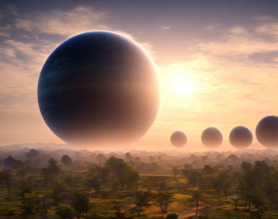 Surreal landscape with large hovering spheres at sunrise or sunset