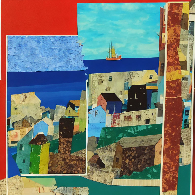 Vibrant seascape collage with sailboat and buildings