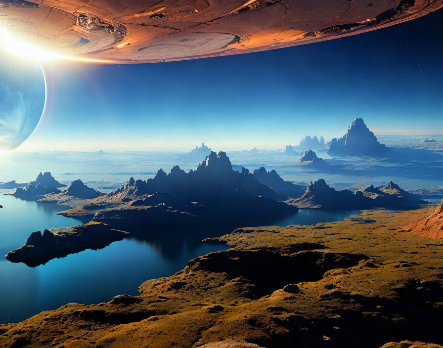 Alien landscape with rock formations, lakes, and spacecraft