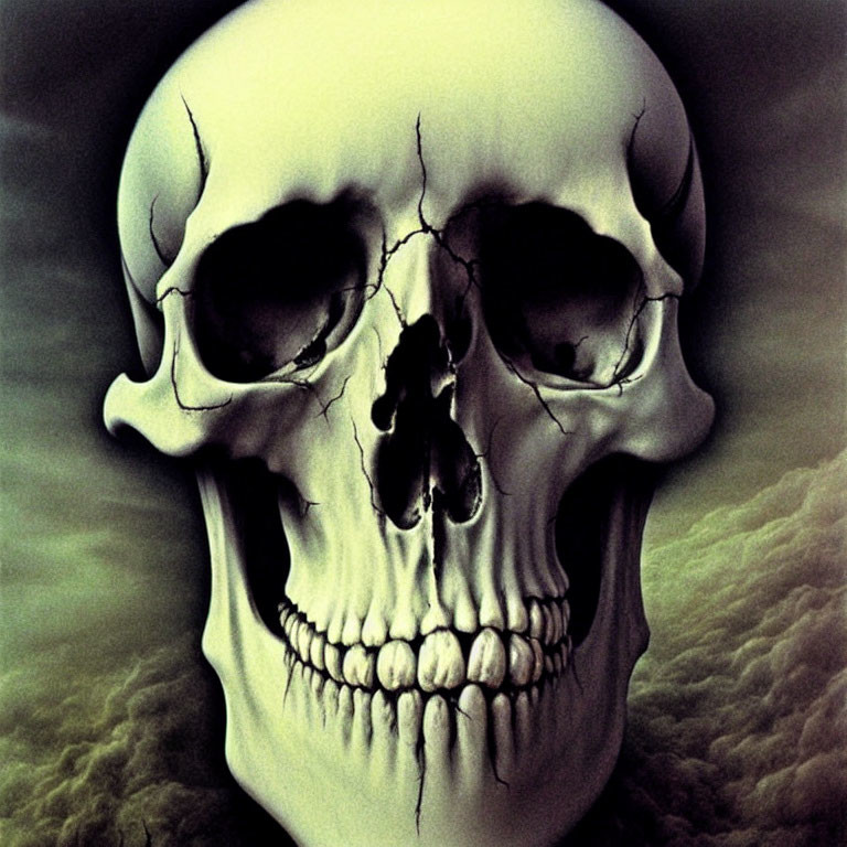 Hyper-realistic human skull with shadows on swirling greenish clouds.