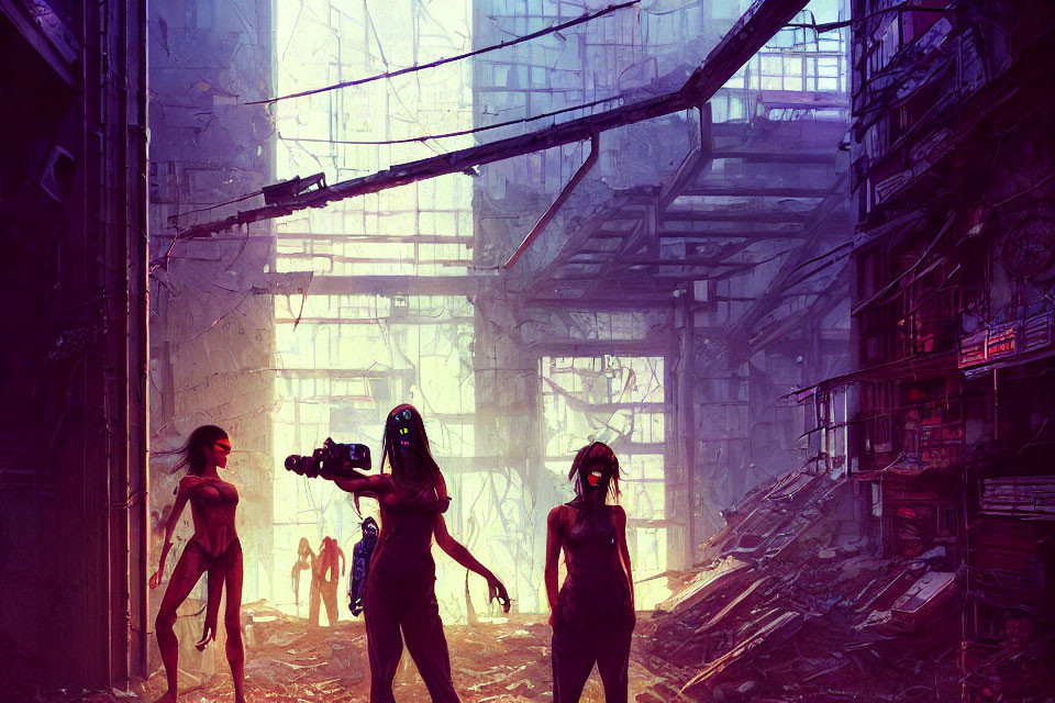 Three Figures in Dystopian Setting with Ruined Buildings and Suspended Walkways