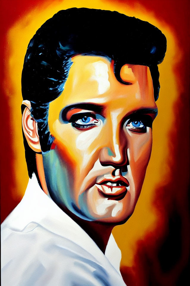 Vibrant painting of man with black hair, blue eyes, white shirt on red and yellow backdrop