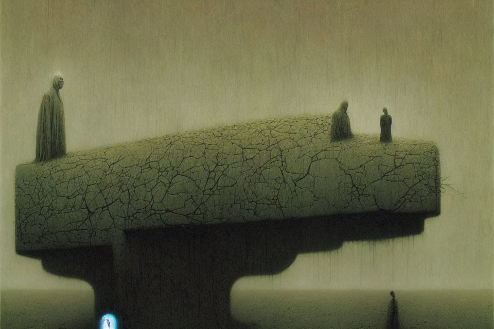 Surreal artwork: Figures on cracked platform over abyss, lone figure below blue glow