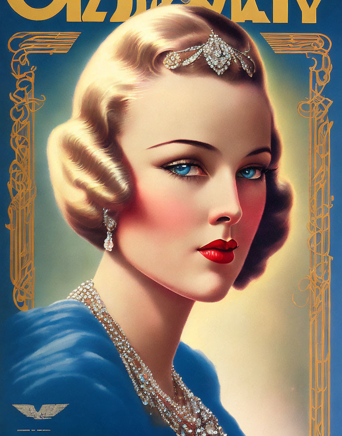 Vintage portrait of woman with styled hair, bold lipstick, blue dress, elegant jewelry, framed in orn