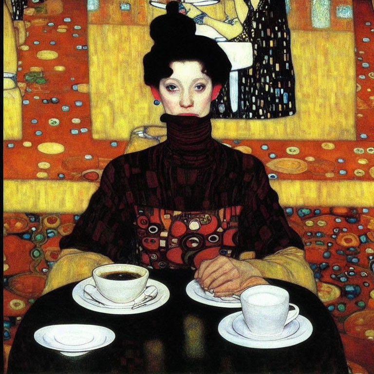 Woman in patterned garment with coffee cup against bold backdrop.