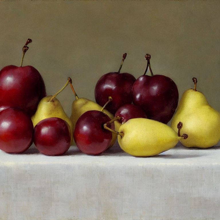 Realistic still life painting of red cherries and yellow pears on white surface