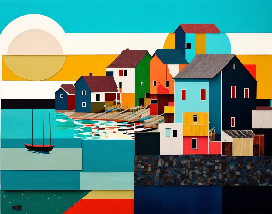 Vibrant geometric coastal village with sun, colorful houses, and boat on blue water