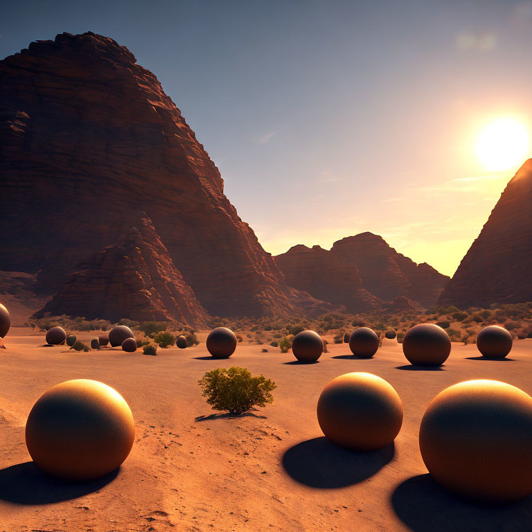 Desert sunset with metallic orbs, majestic rock formations