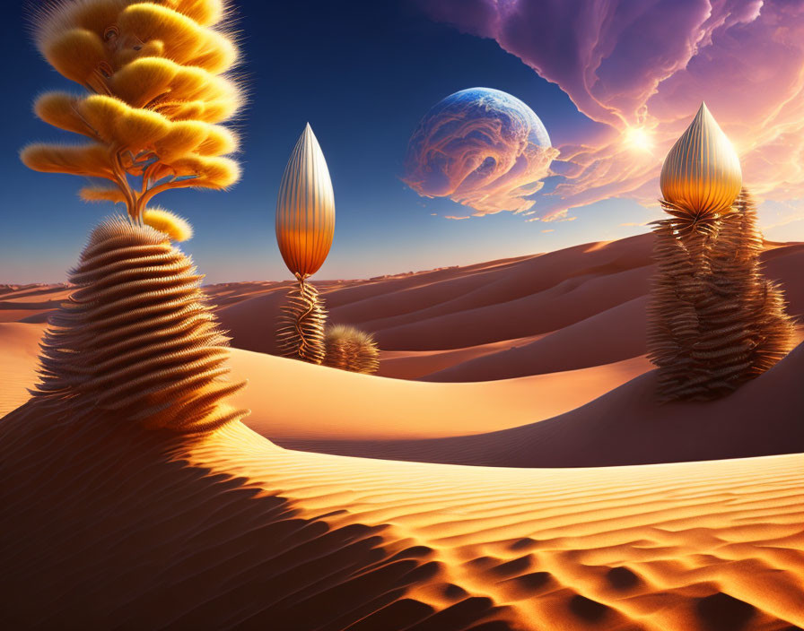 Surreal desert landscape with sand dunes and fantastical trees