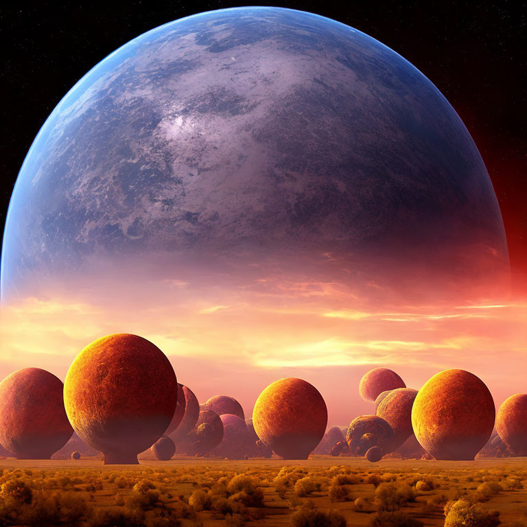 Surreal landscape with large spheres on orange terrain under cosmic sky