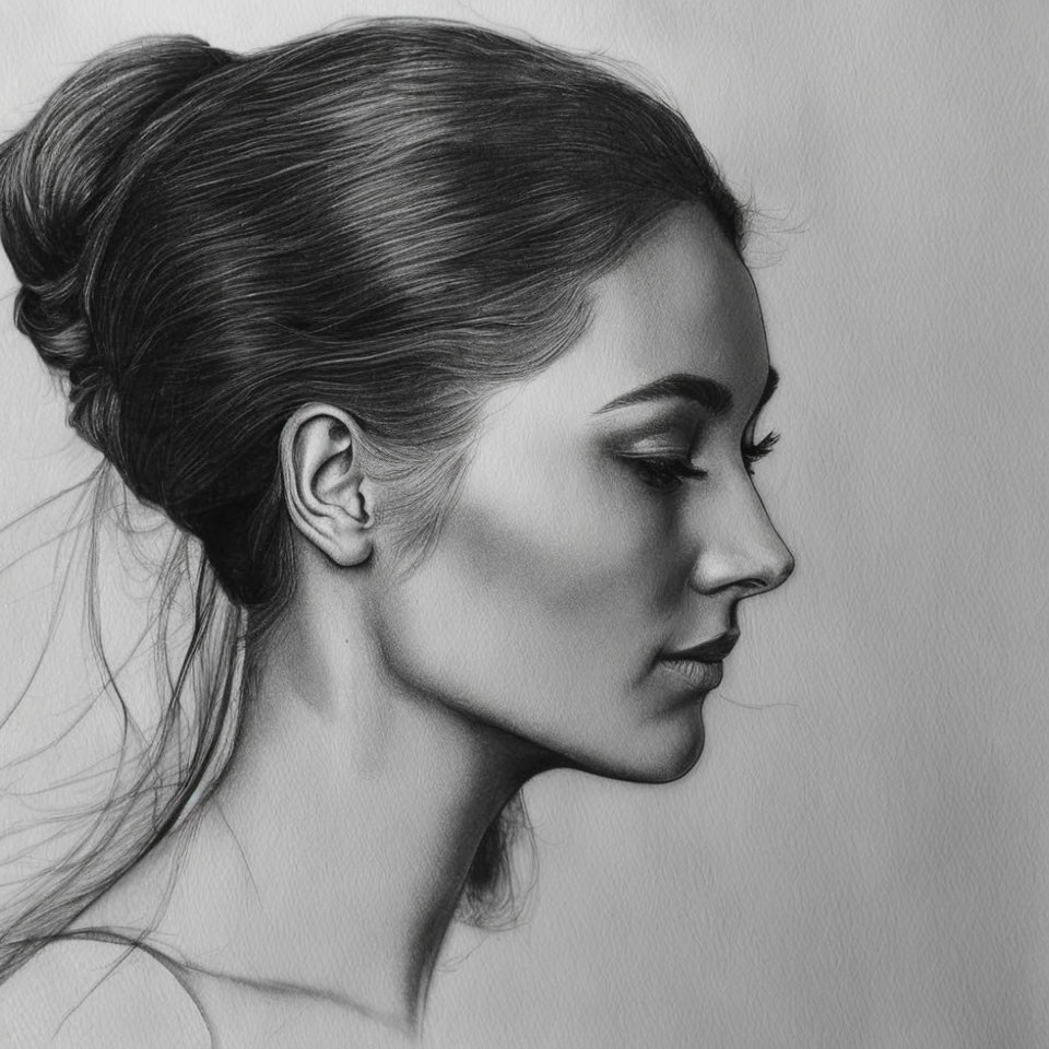 Detailed pencil sketch of woman with bun hairstyle in profile, intricate shading & realistic facial features