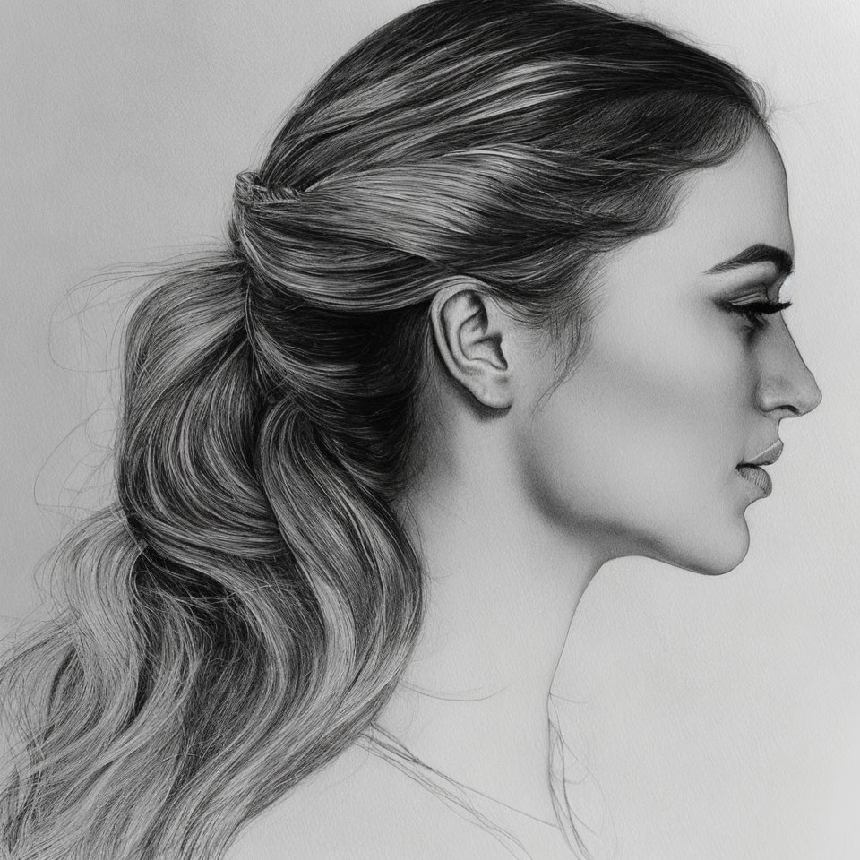 Detailed pencil sketch of woman with braided ponytail in profile