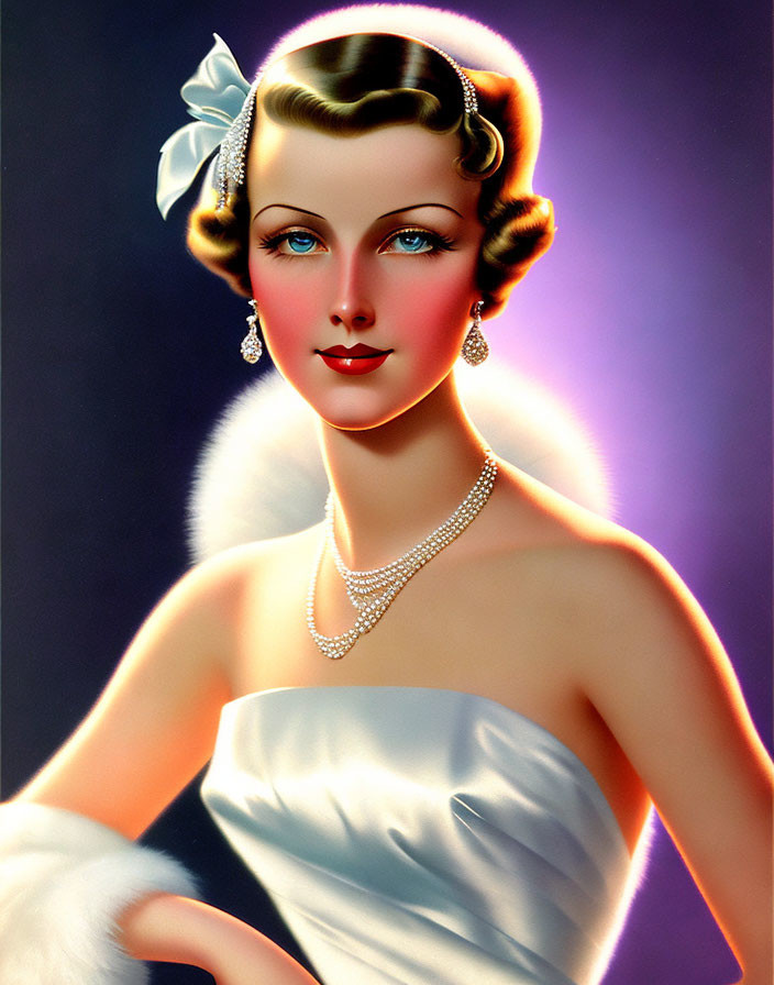 Vintage portrait of woman in white bow, pearl necklace, strapless gown