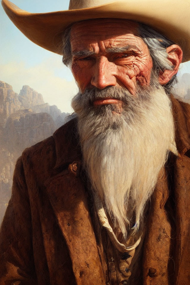 Elderly cowboy in hat and jacket against canyon cliffs