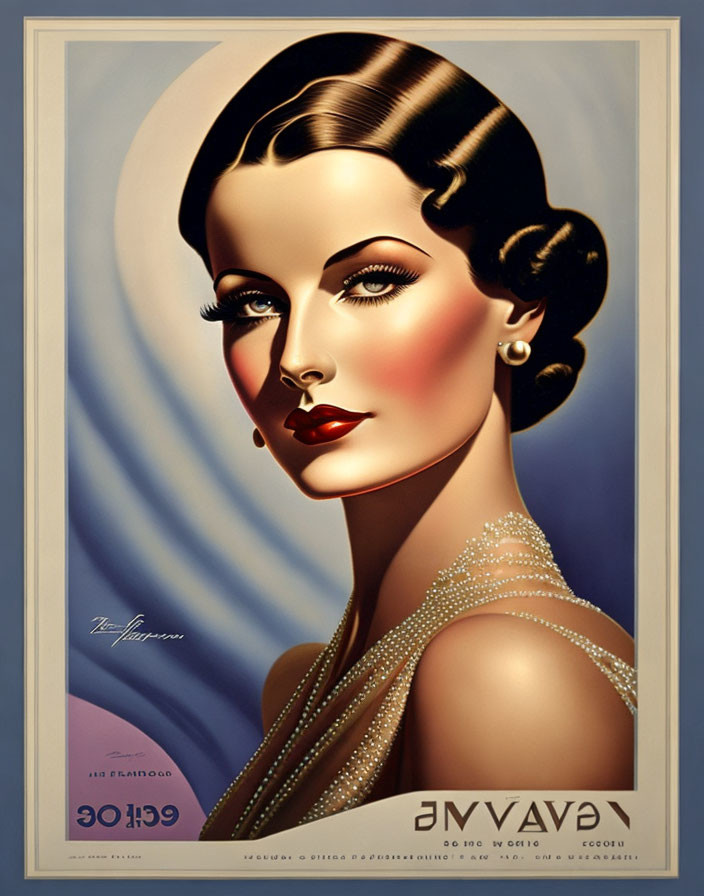 Vintage 1939 poster featuring glamorous woman with styled hair and pearl necklace