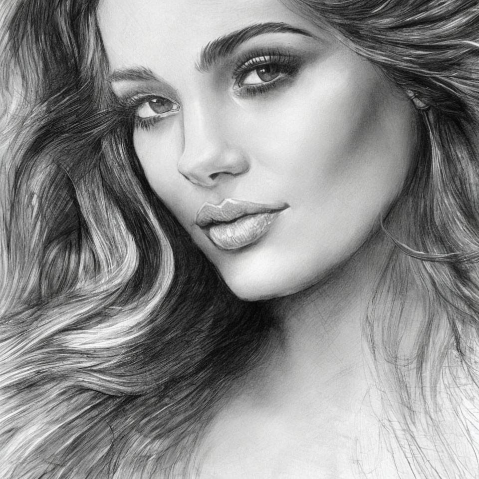 Detailed Black and White Pencil Drawing of Woman with Wavy Hair