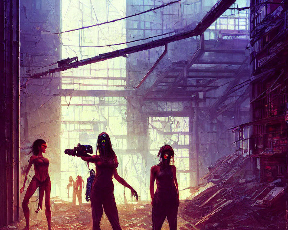 Three Figures in Dystopian Setting with Ruined Buildings and Suspended Walkways