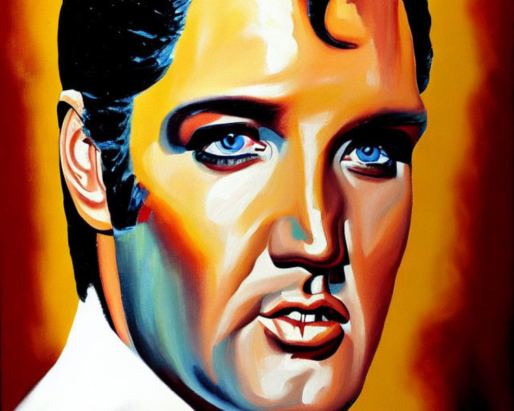 Vibrant painting of man with black hair, blue eyes, white shirt on red and yellow backdrop