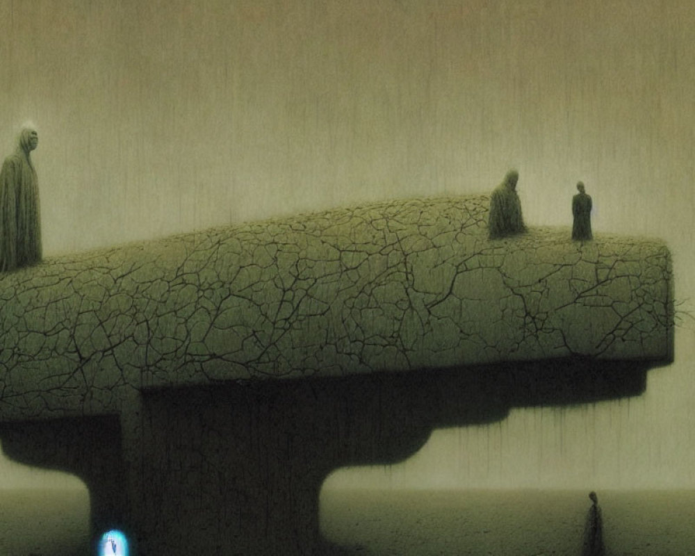 Surreal artwork: Figures on cracked platform over abyss, lone figure below blue glow