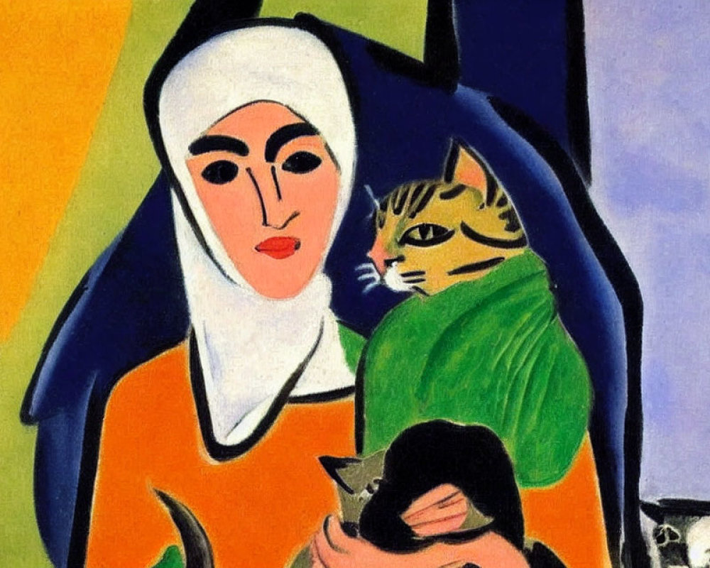 Vibrant abstract art: nun holding green cat with stylized face, black cat in foreground