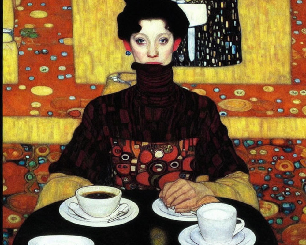 Woman in patterned garment with coffee cup against bold backdrop.