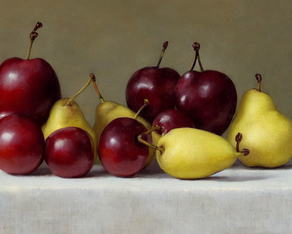 Realistic still life painting of red cherries and yellow pears on white surface