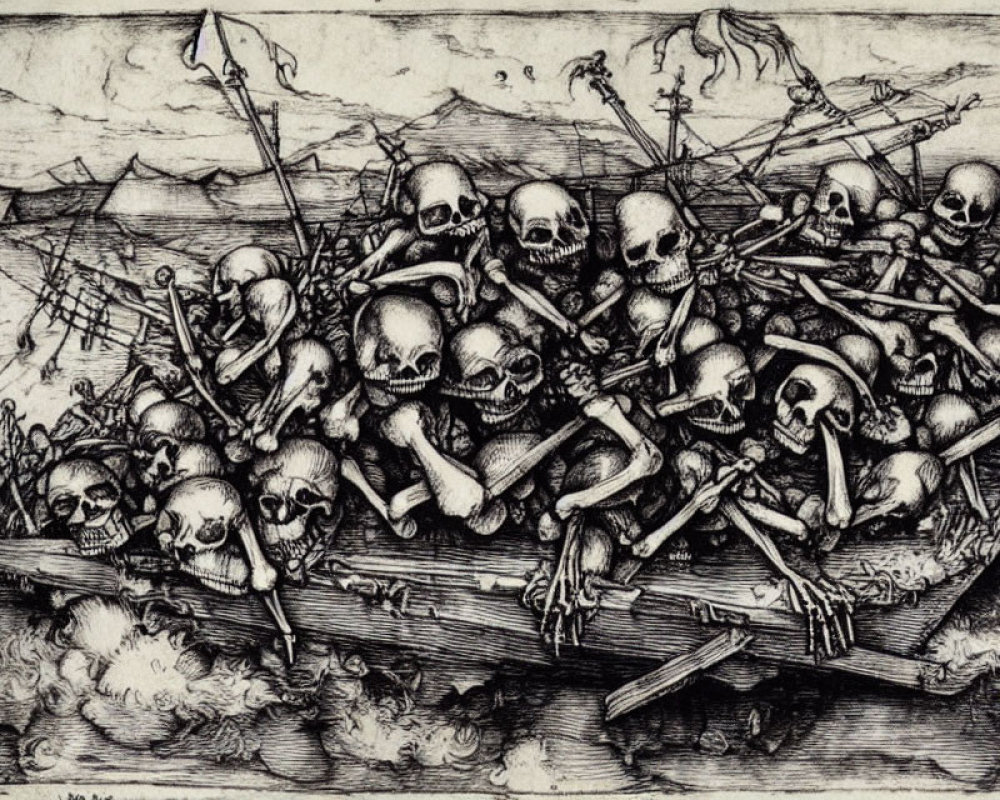 Monochrome etching of human skulls, bones, and weapons in desolate setting