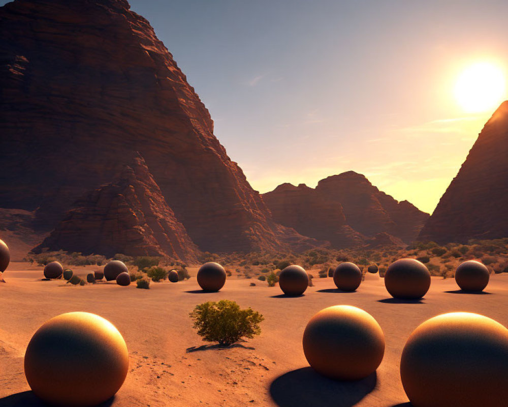 Desert sunset with metallic orbs, majestic rock formations