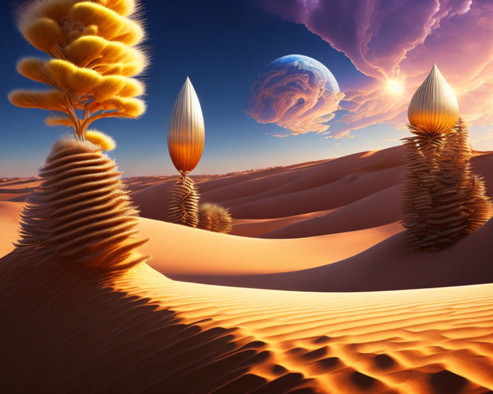 Surreal desert landscape with sand dunes and fantastical trees