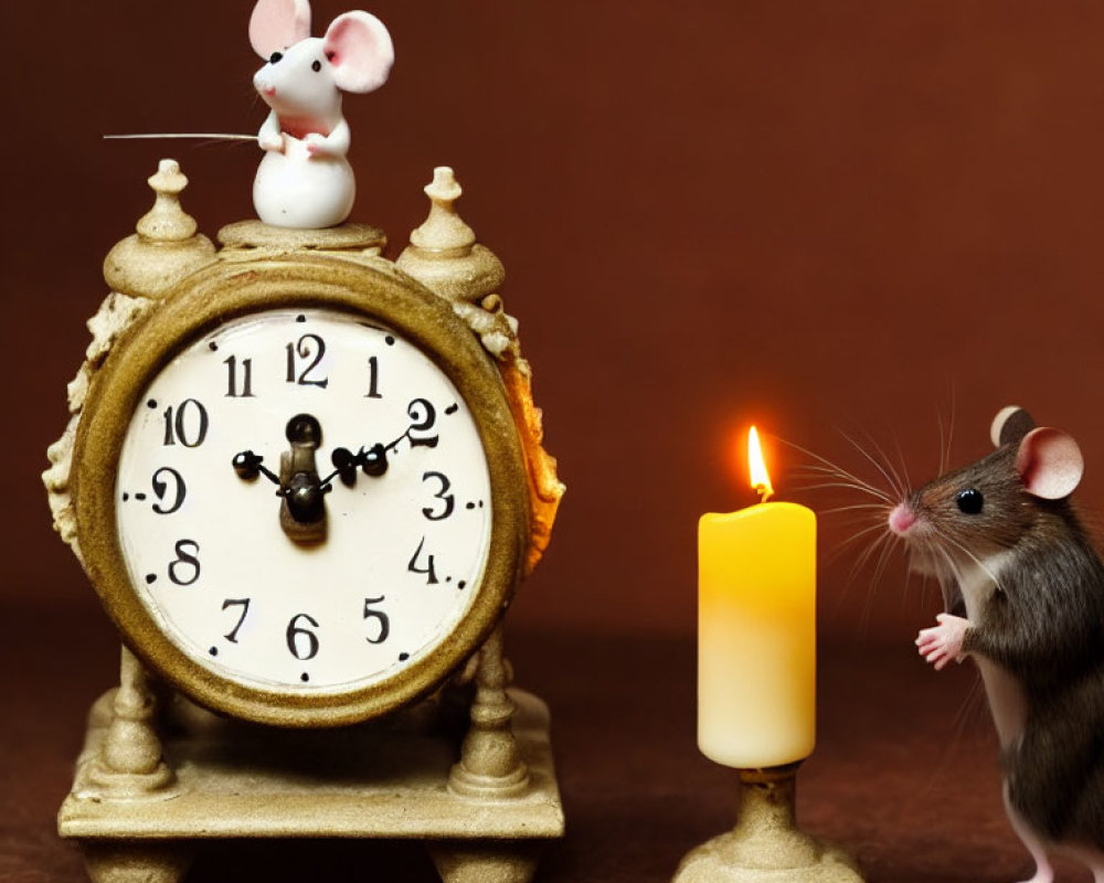 Two mice with candle and ornate clock in charming scene.