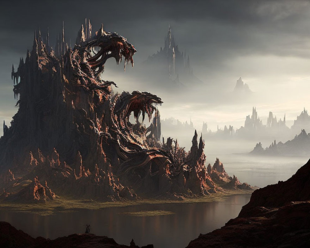 Majestic dragon-like rock formations in fantasy landscape