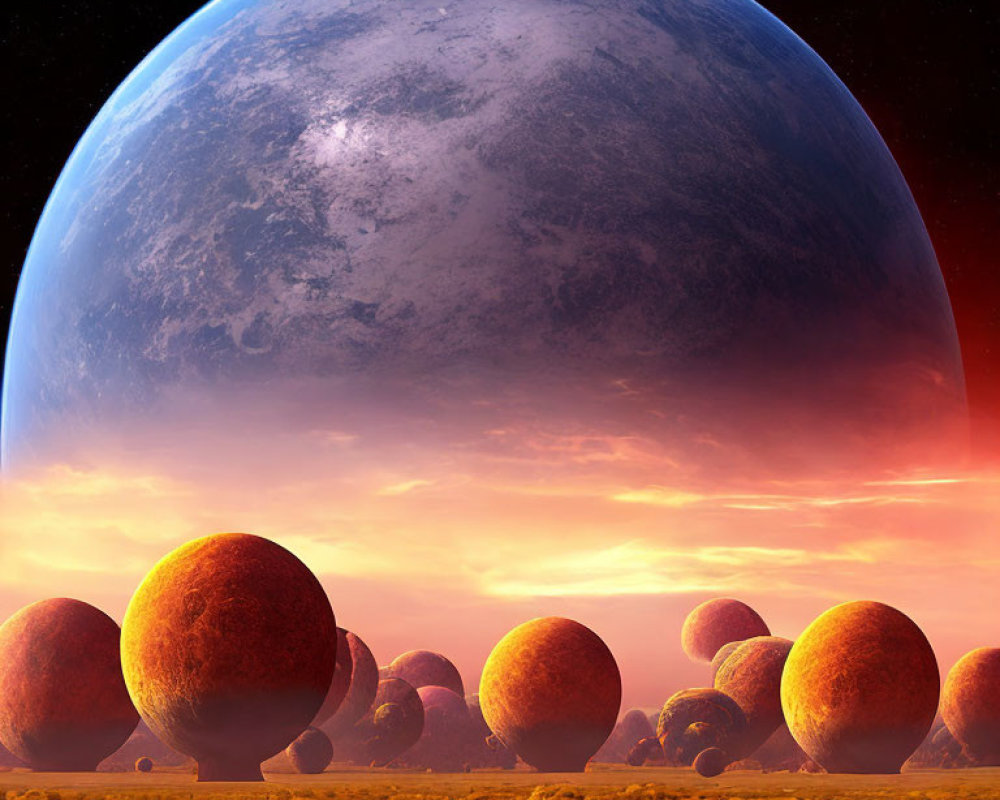 Surreal landscape with large spheres on orange terrain under cosmic sky