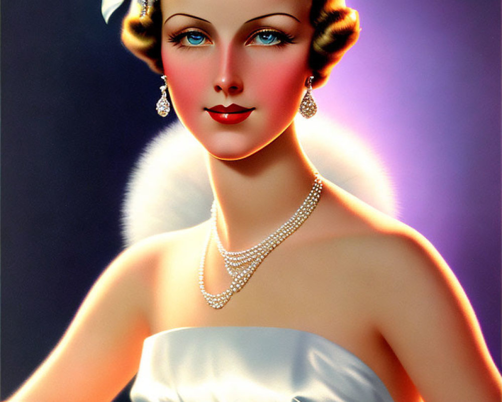 Vintage portrait of woman in white bow, pearl necklace, strapless gown