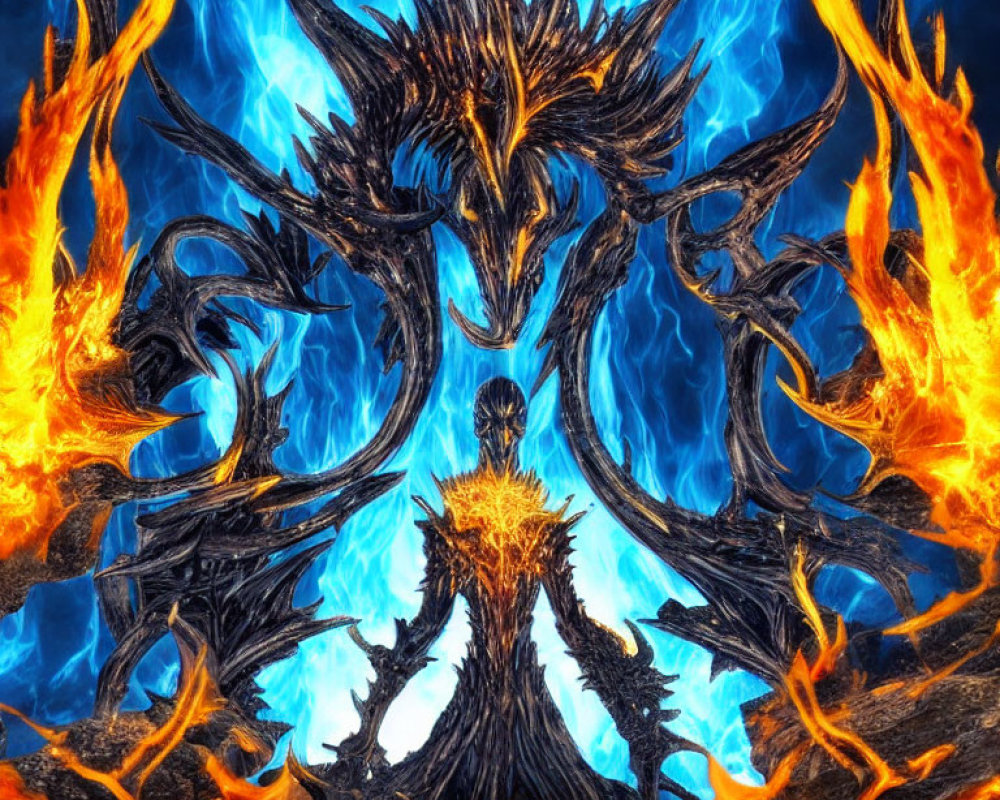 Symmetrical fiery artwork with central figure and wings in orange and blue flames.