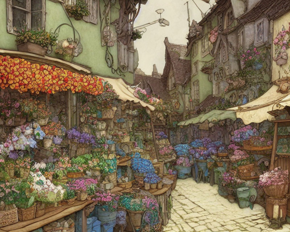 Detailed illustration of bustling flower market street with vibrant flora and quaint buildings