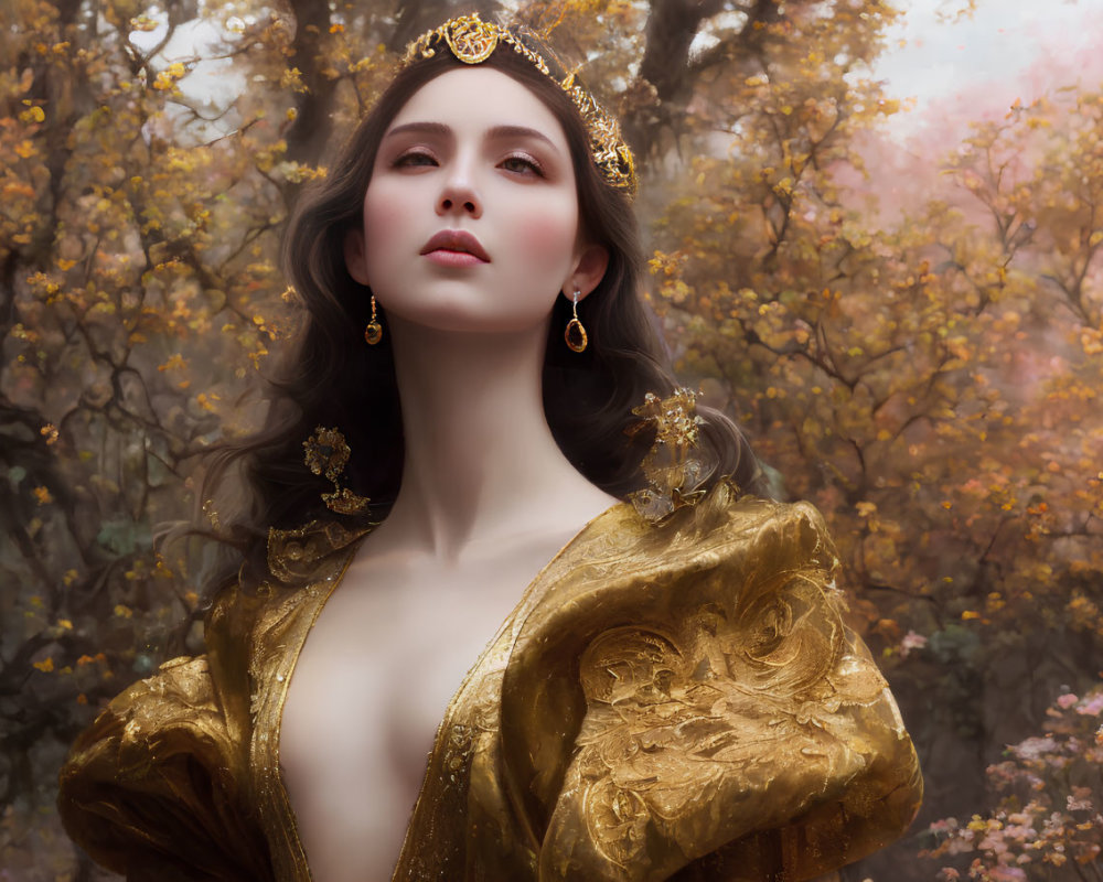 Woman in golden ornate dress in ethereal autumn forest setting