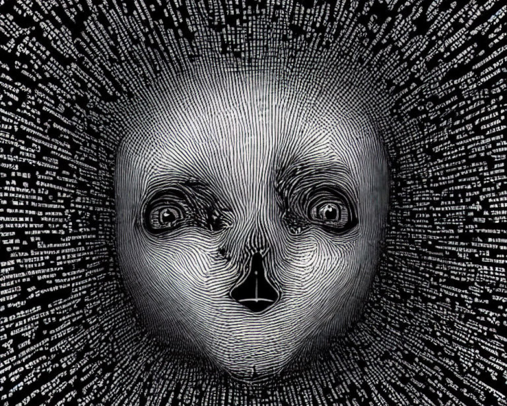 Surreal face with wide eyes in text tunnel