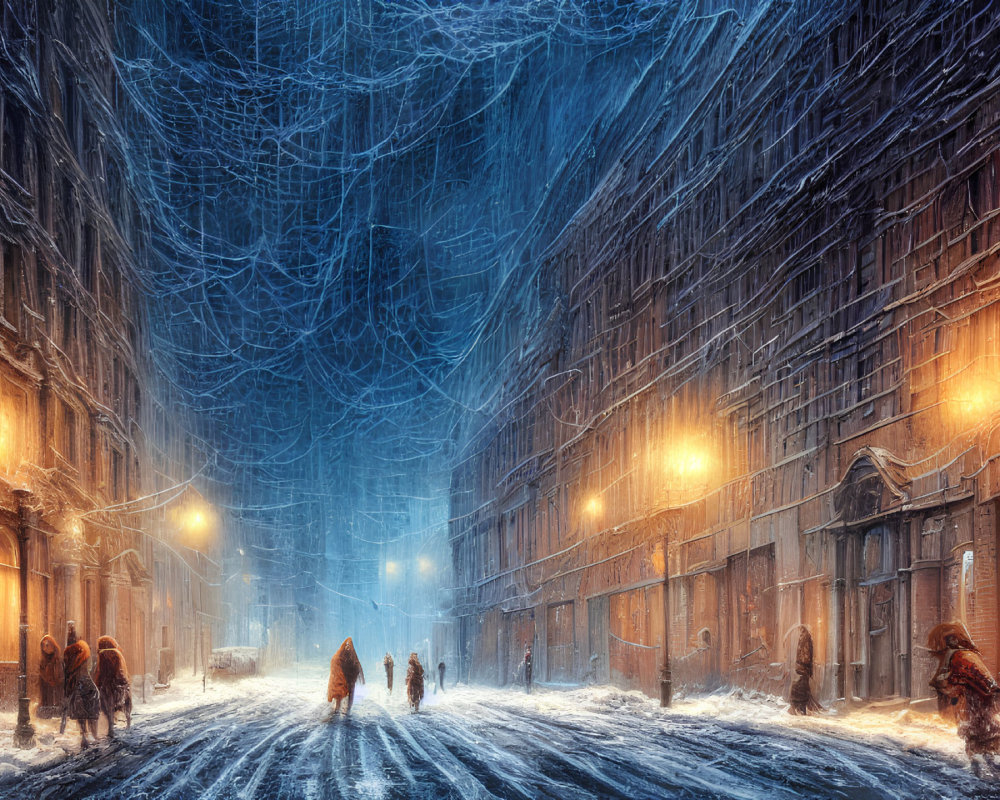 Snowy city street at night with illuminated buildings and people walking under web-like sky pattern