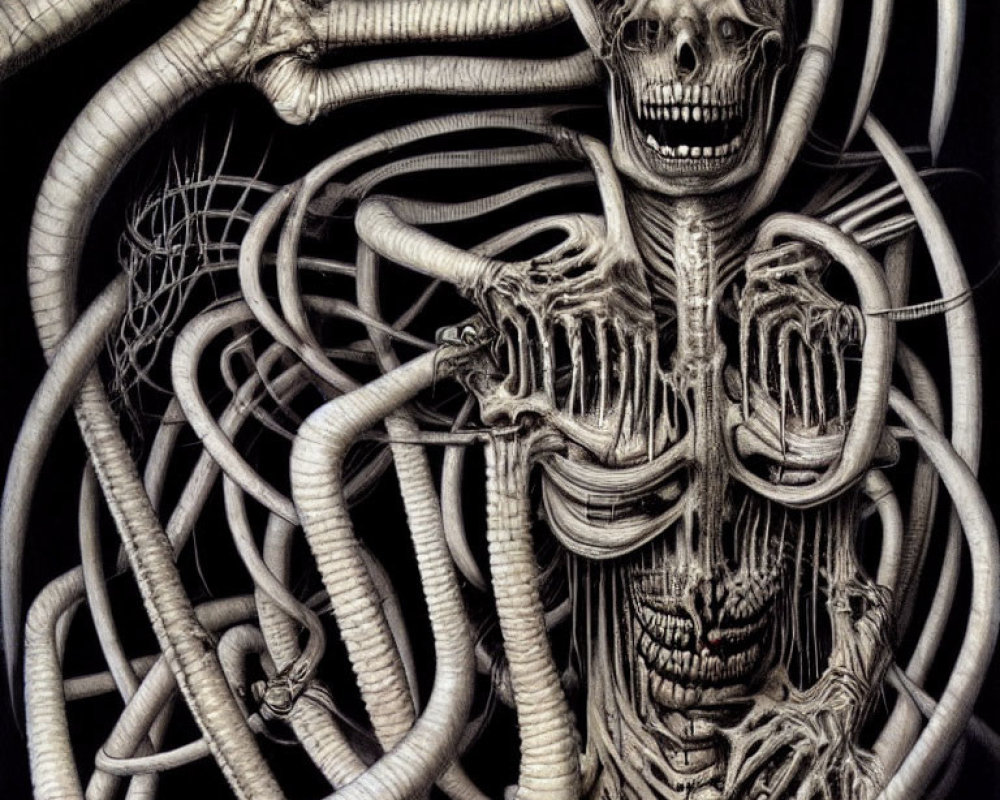 Detailed Monochrome Drawing of Skeletal Figure with Serpentine Creatures