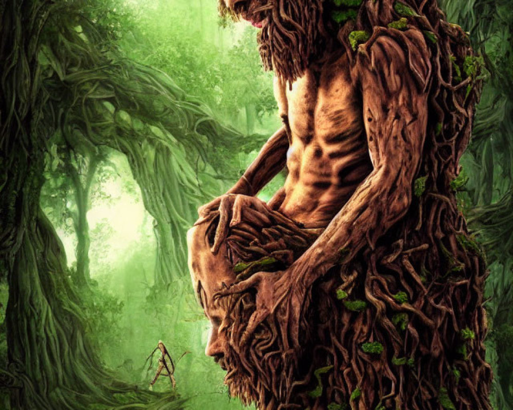 Enigmatic forest artwork with human-like figure emerging from tree trunk